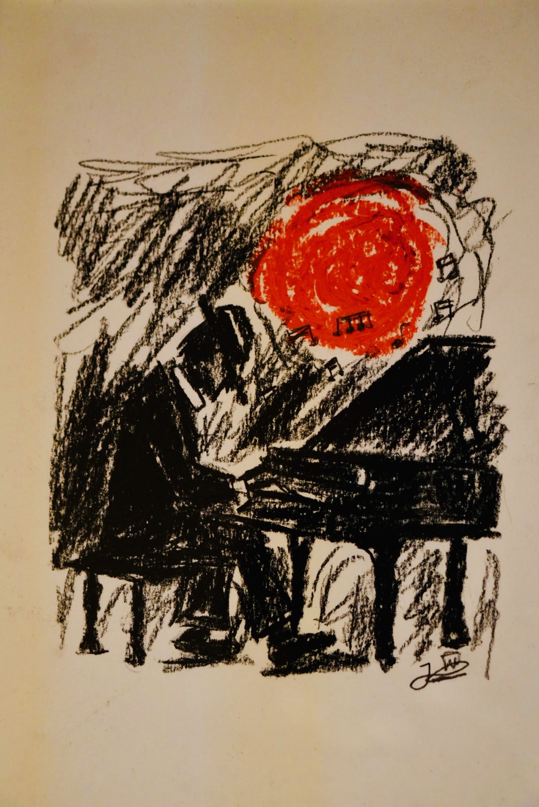 Mann am Klavier — Kohle auf Papier, 21,0 x 29,7 cm von Jaron Röhl