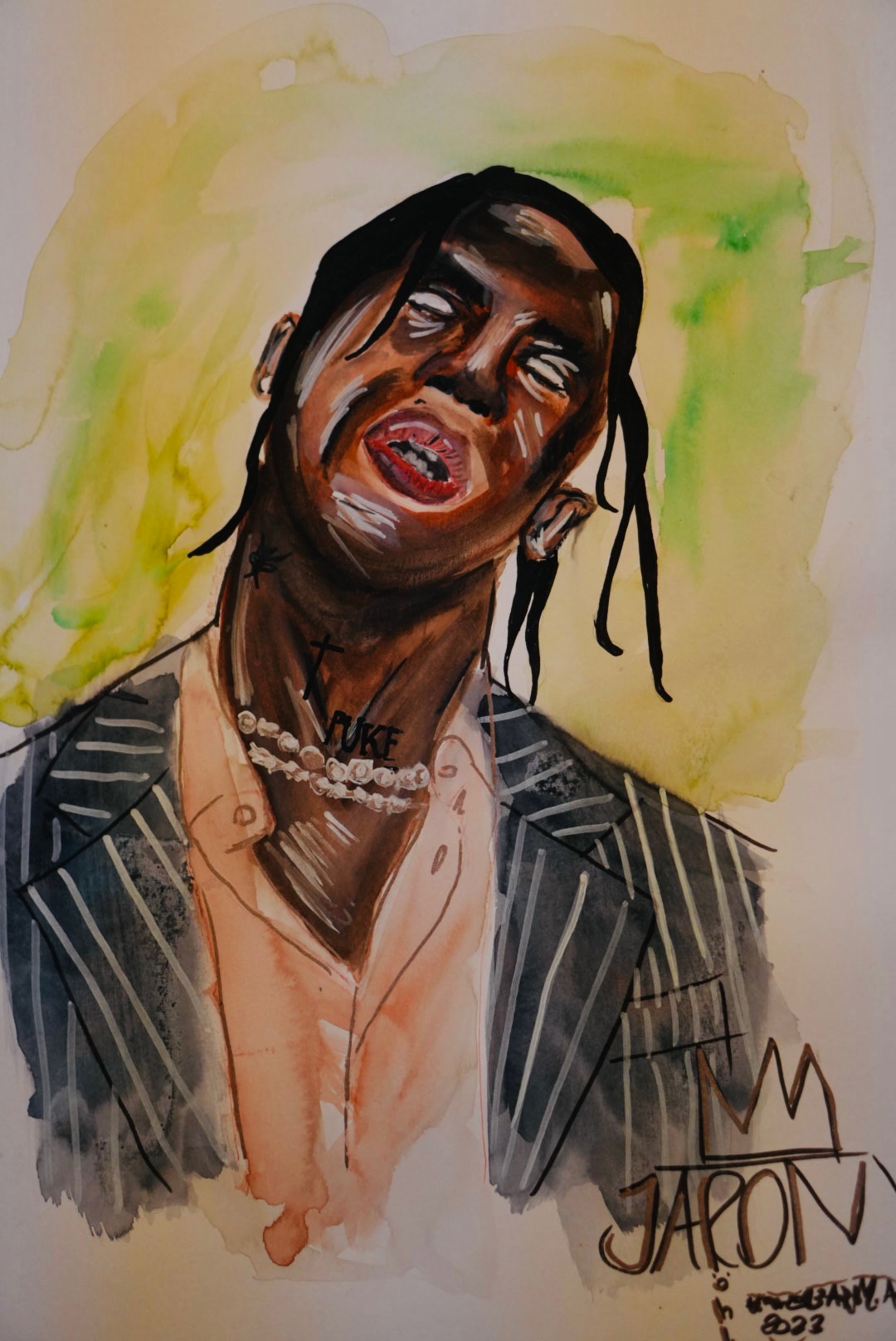 Travis Scott — Aquarell auf Papier, 29,7 x 42,0 cm von Jaron Röhl